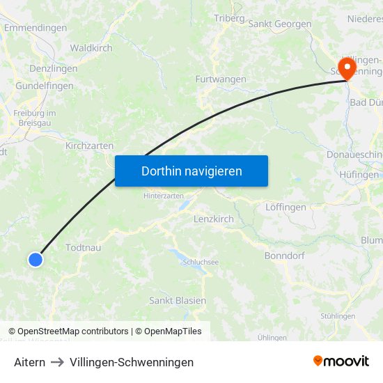 Aitern to Villingen-Schwenningen map