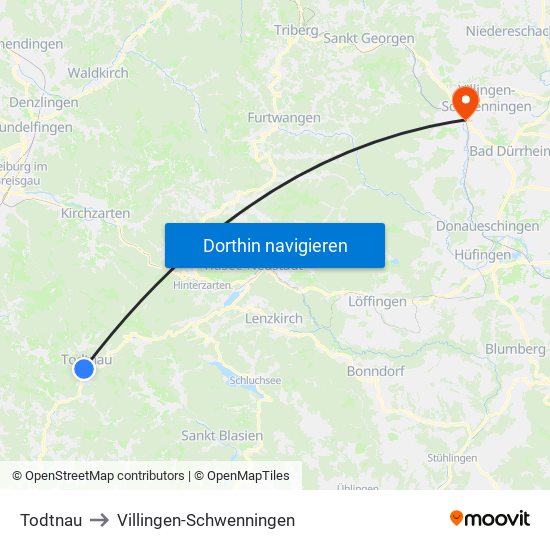 Todtnau to Villingen-Schwenningen map