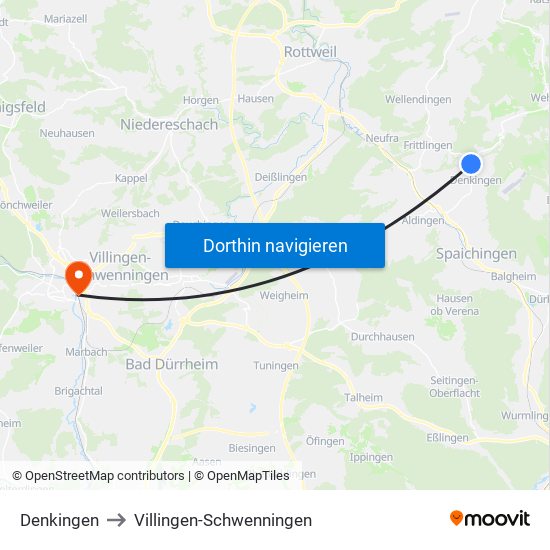 Denkingen to Villingen-Schwenningen map