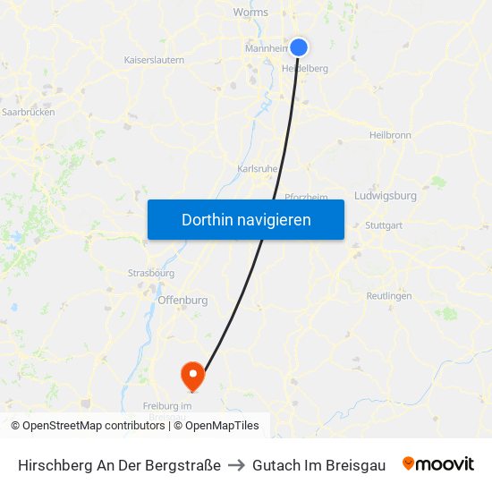 Hirschberg An Der Bergstraße to Gutach Im Breisgau map