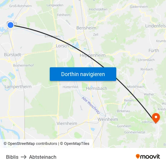 Biblis to Abtsteinach map