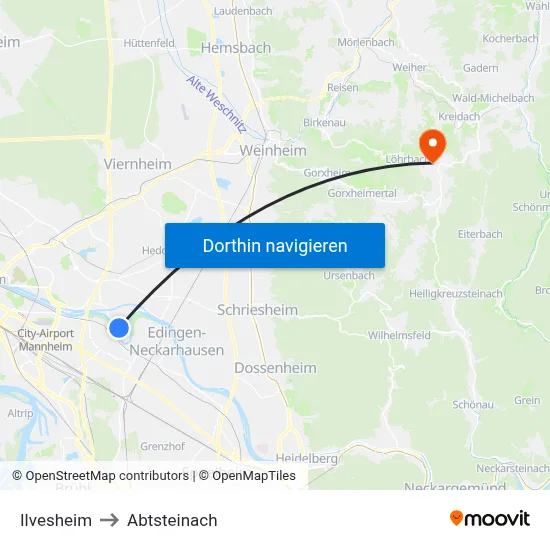 Ilvesheim to Abtsteinach map