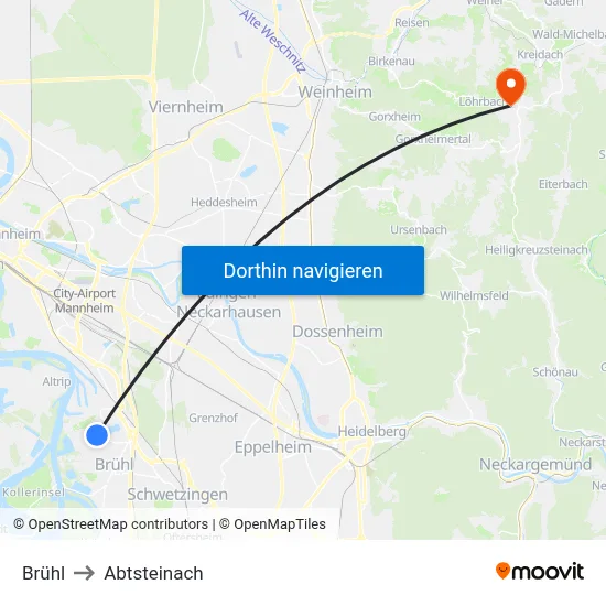 Brühl to Abtsteinach map