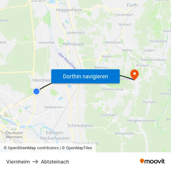 Viernheim to Abtsteinach map