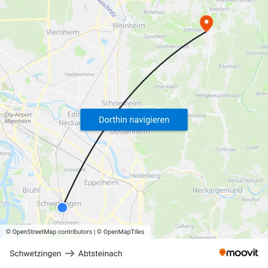Schwetzingen to Abtsteinach map