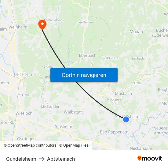 Gundelsheim to Abtsteinach map