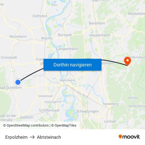 Erpolzheim to Abtsteinach map