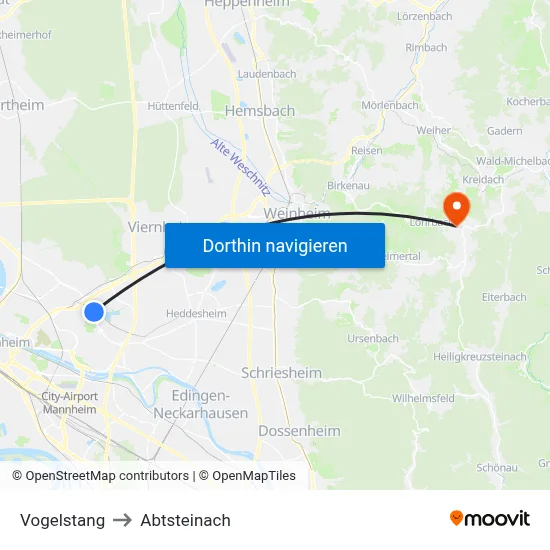 Vogelstang to Abtsteinach map