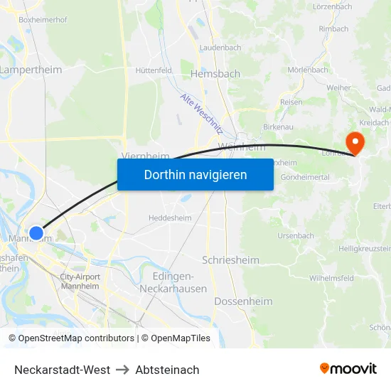 Neckarstadt-West to Abtsteinach map