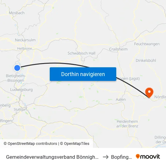 Gemeindeverwaltungsverband Bönnigheim to Bopfingen map