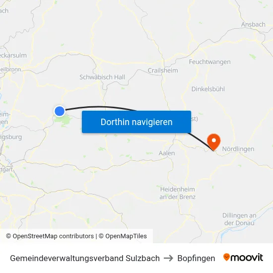 Gemeindeverwaltungsverband Sulzbach to Bopfingen map