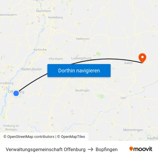 Verwaltungsgemeinschaft Offenburg to Bopfingen map