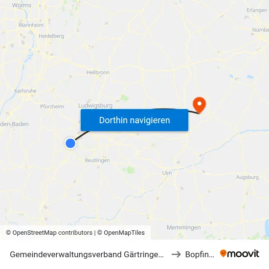 Gemeindeverwaltungsverband Gärtringen/Ehningen to Bopfingen map