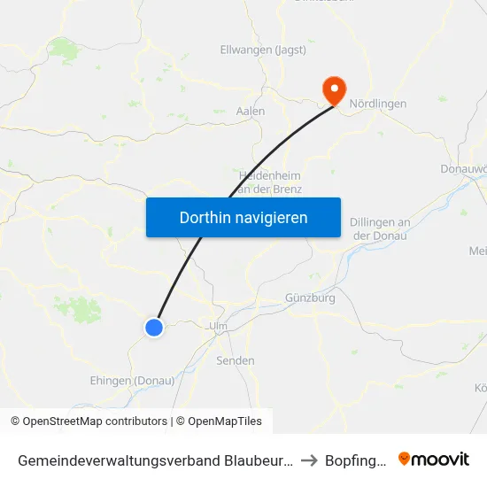 Gemeindeverwaltungsverband Blaubeuren to Bopfingen map