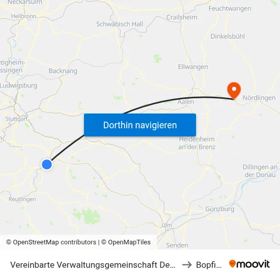 Vereinbarte Verwaltungsgemeinschaft Der Stadt Nürtingen to Bopfingen map