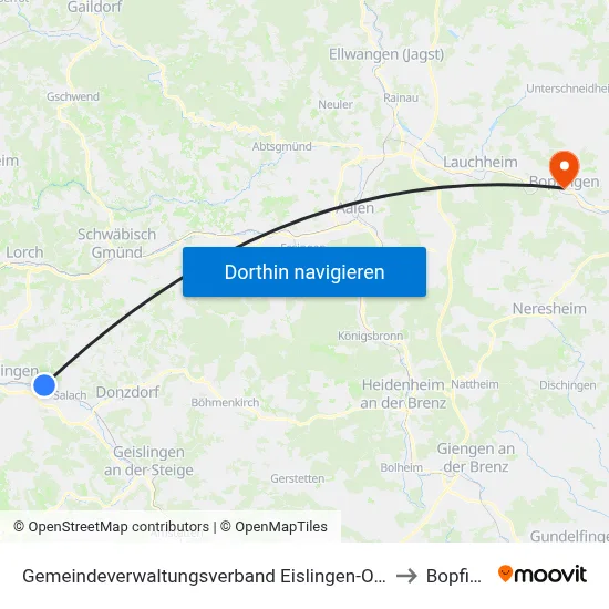 Gemeindeverwaltungsverband Eislingen-Ottenbach-Salach to Bopfingen map