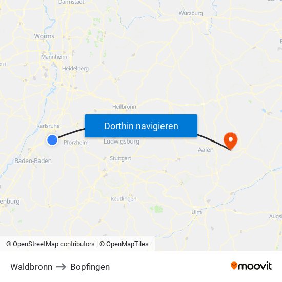 Waldbronn to Bopfingen map