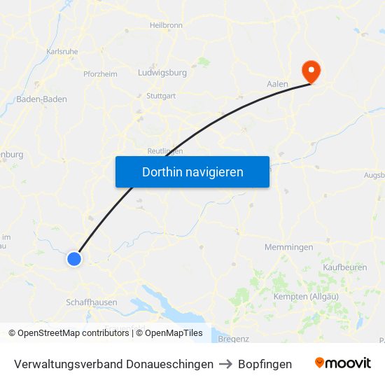 Verwaltungsverband Donaueschingen to Bopfingen map