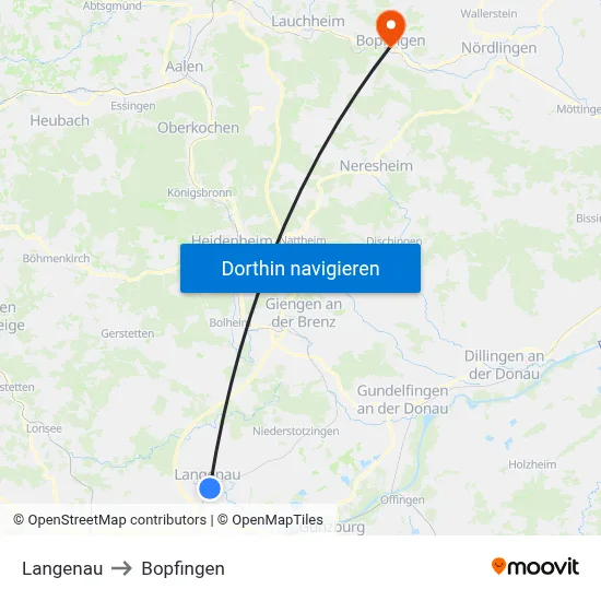 Langenau to Bopfingen map