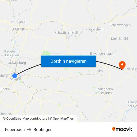 Feuerbach to Bopfingen map