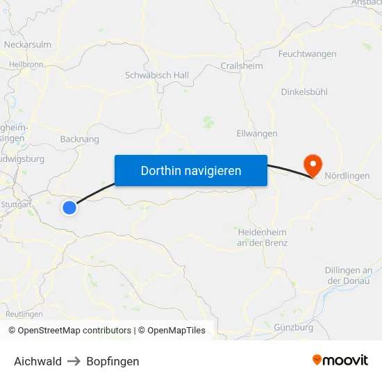 Aichwald to Bopfingen map