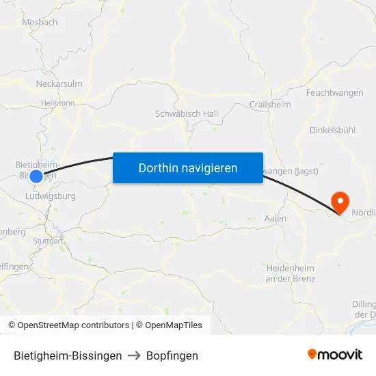 Bietigheim-Bissingen to Bopfingen map