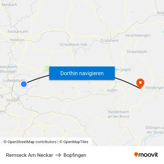 Remseck Am Neckar to Bopfingen map