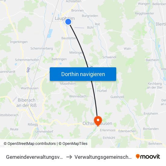 Gemeindeverwaltungsverband Laupheim to Verwaltungsgemeinschaft Ochsenhausen map