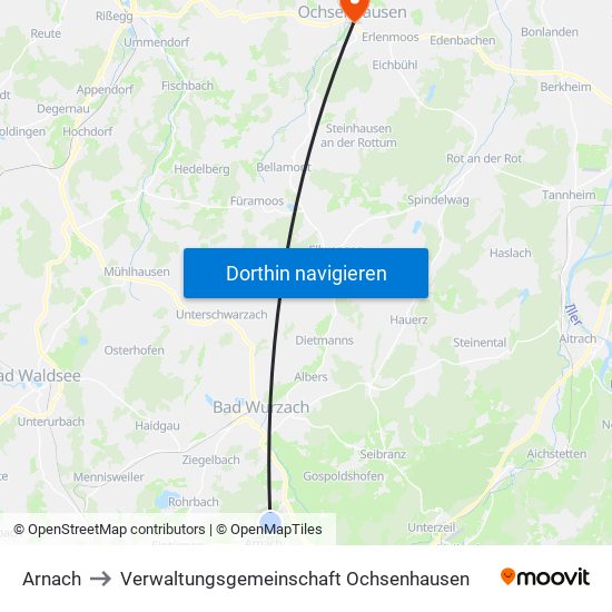 Arnach to Verwaltungsgemeinschaft Ochsenhausen map