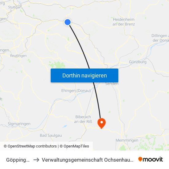 Göppingen to Verwaltungsgemeinschaft Ochsenhausen map