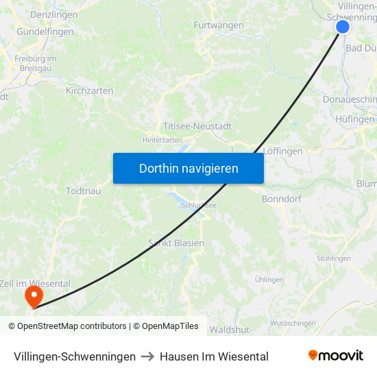Villingen-Schwenningen to Hausen Im Wiesental map