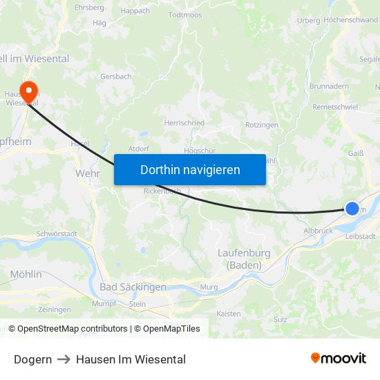 Dogern to Hausen Im Wiesental map