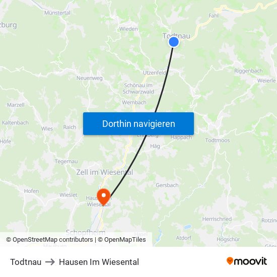 Todtnau to Hausen Im Wiesental map