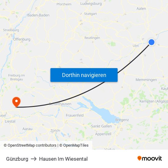 Günzburg to Hausen Im Wiesental map
