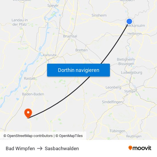 Bad Wimpfen to Sasbachwalden map