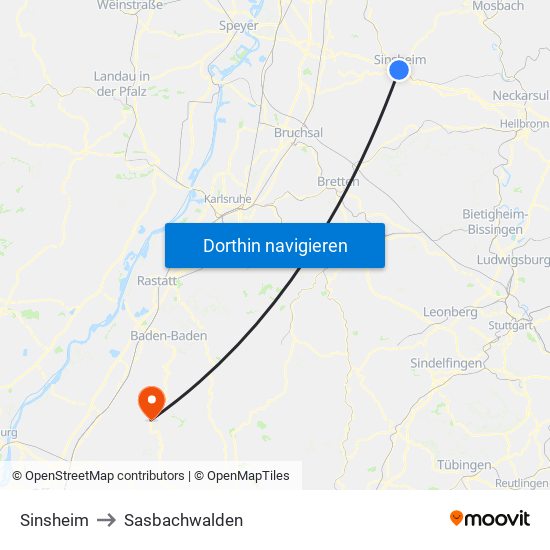 Sinsheim to Sasbachwalden map