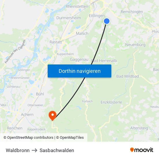 Waldbronn to Sasbachwalden map