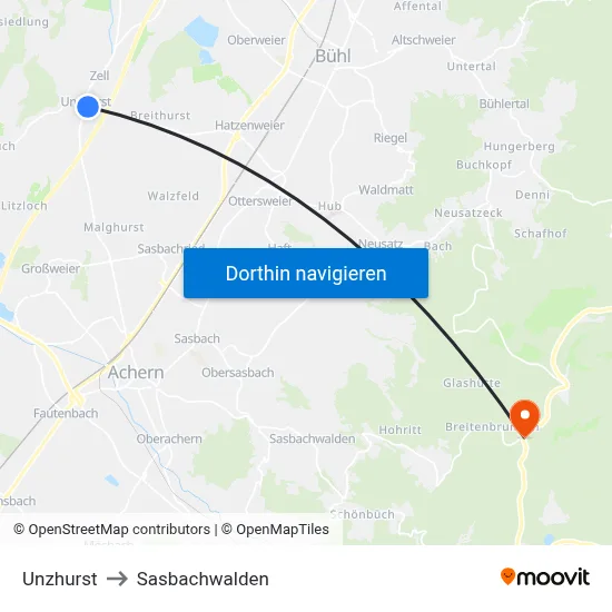 Unzhurst to Sasbachwalden map