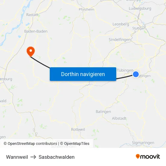 Wannweil to Sasbachwalden map