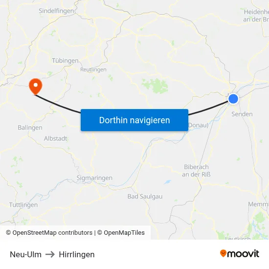 Neu-Ulm to Hirrlingen map