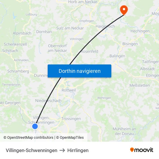 Villingen-Schwenningen to Hirrlingen map