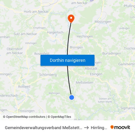 Gemeindeverwaltungsverband Meßstetten to Hirrlingen map