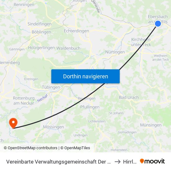 Vereinbarte Verwaltungsgemeinschaft Der Stadt Ebersbach An Der Fils to Hirrlingen map