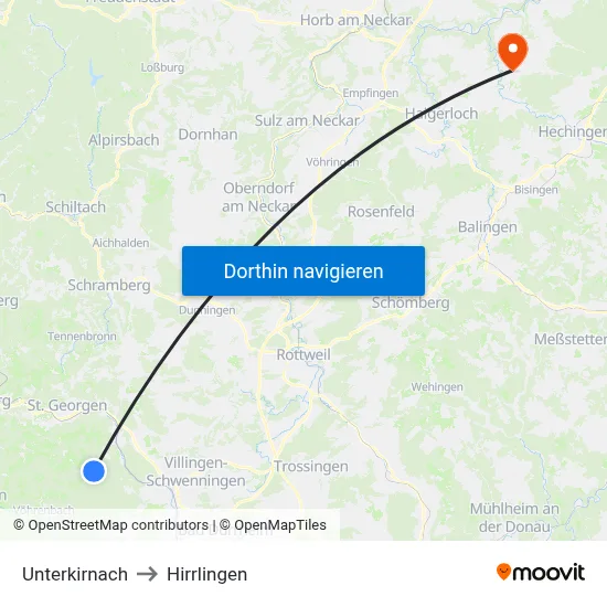 Unterkirnach to Hirrlingen map