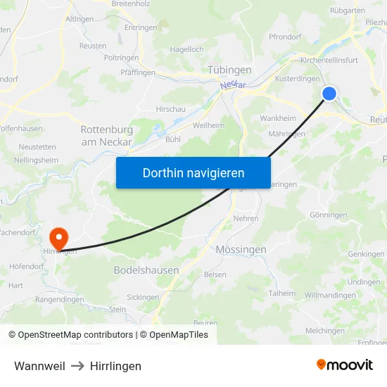 Wannweil to Hirrlingen map