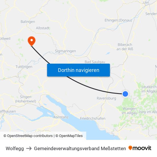 Wolfegg to Gemeindeverwaltungsverband Meßstetten map