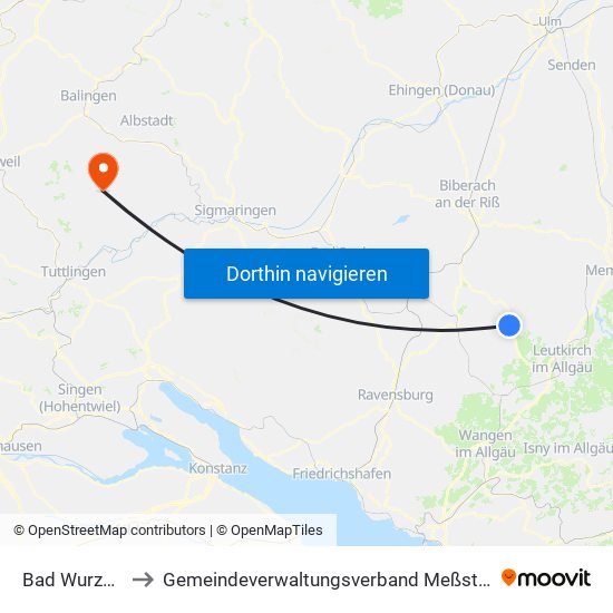 Bad Wurzach to Gemeindeverwaltungsverband Meßstetten map