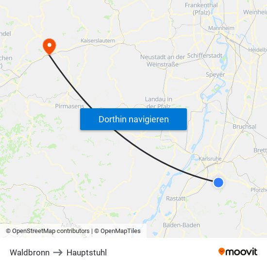 Waldbronn to Hauptstuhl map
