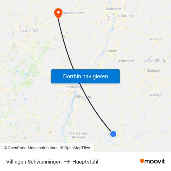 Villingen-Schwenningen to Hauptstuhl map