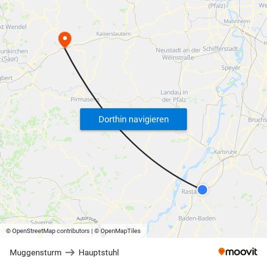 Muggensturm to Hauptstuhl map